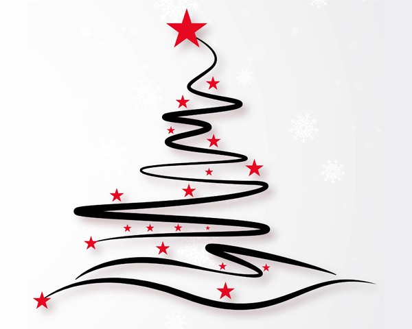 A stylised Christmas tree. Black swirly line interspersed with red stars and a larger red star at the top of the image
