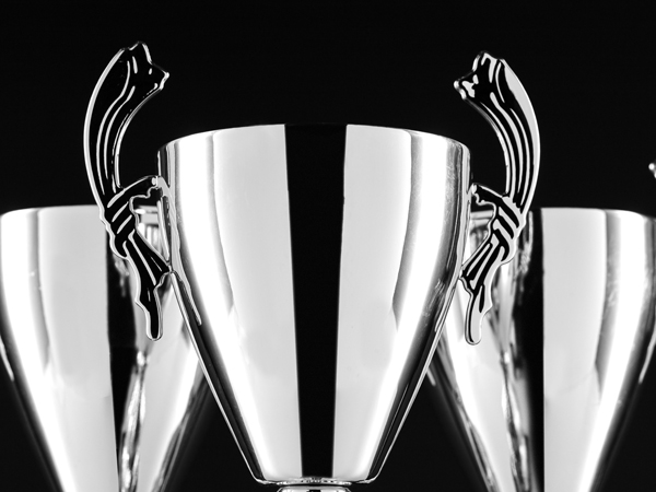 Close up of three silver trophies. One is at the forefront and you can see the handles. The other two are behind and picture is cropped so you can only see the cups.