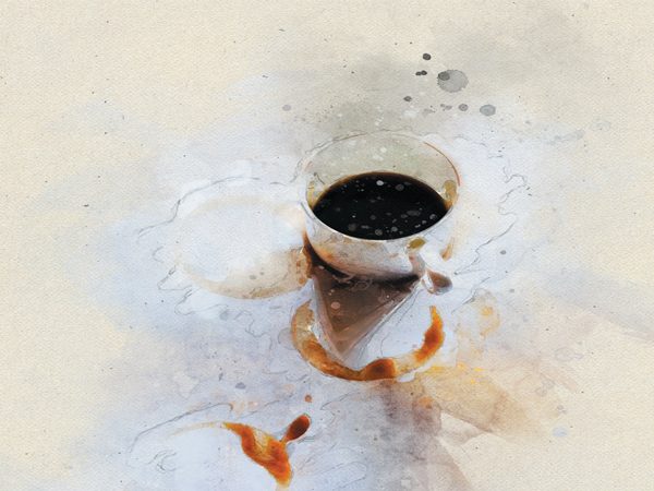 Stylised picture of a coffee cup. The background is a mix of cream, brown and blue. The coffee cup is half full with black coffee. Image by Guilherme Gomes, Pixabay