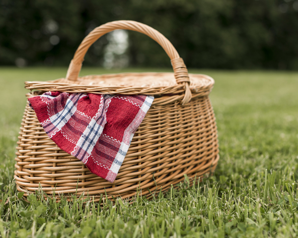 An oblong rattan picnic basket with handle and lid sitting on grass. Part of a tartan cloth is hanging out of the basket in the foreground.