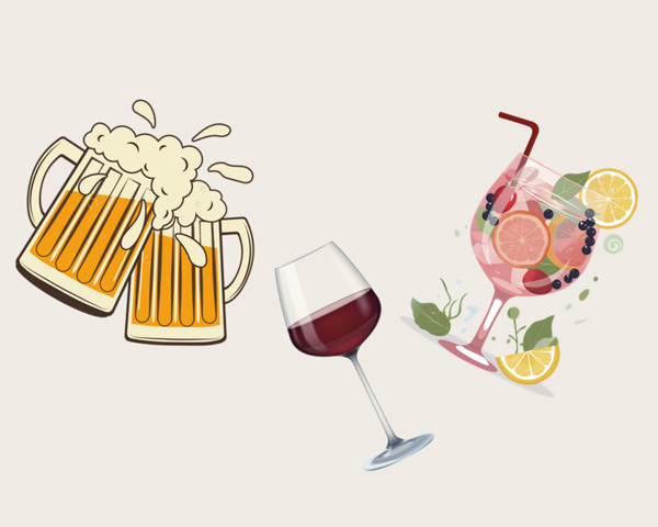 Illustration with two full beer glasses clinking, red wine in a glass and a fruit cocktail.