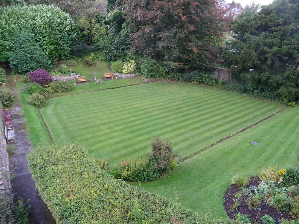 Bowling green at Parkside Guest House, taken from an upstairs window. The green is surrounded by landscaped gardens.