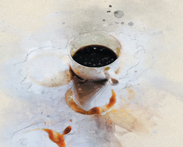 Stylised picture of a coffee cup. The background is a mix of cream, brown and blue. The coffee cup is half full with black coffee. Image by Guilherme Gomes, Pixabay